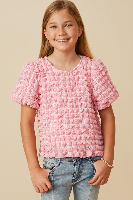 Girls waffled texture puff sleeve pink top