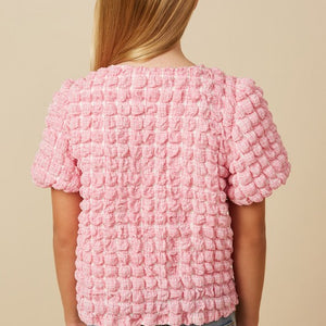 Girls waffled texture puff sleeve pink top