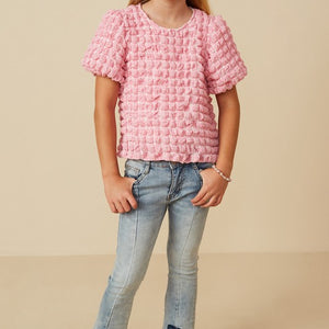 Girls waffled texture puff sleeve pink top