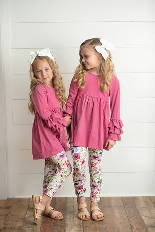 Kids Plum Floral 3 Ruffles Shirt & Leggings Set