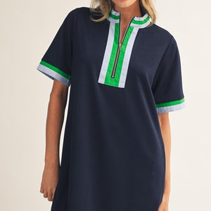 Navy Front Zip Up Solid Casual Dress