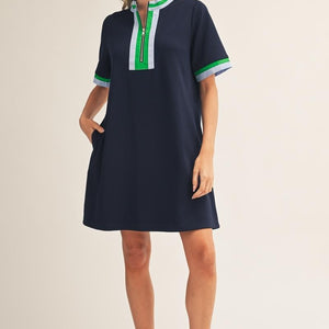 Navy Front Zip Up Solid Casual Dress