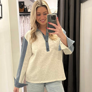 Denim Buttoned Polo Collar Long Sleeve Top