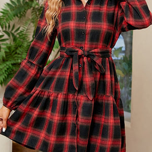 Red and black elastic cuff plaid shirt dress