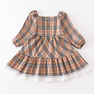 Tan plaid tiered lace dress