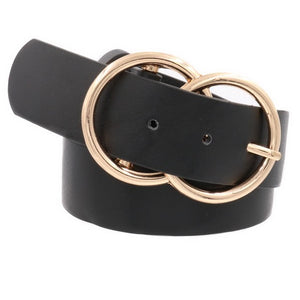 Faux leather double metal ring buckle belt