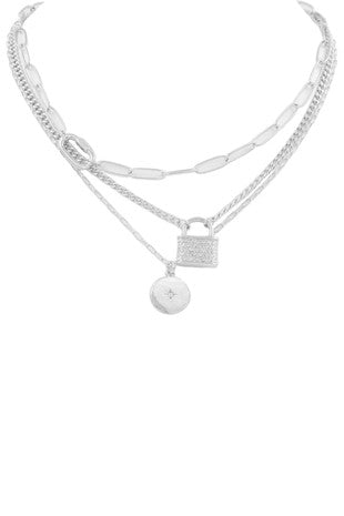 Metal rhinestone lock pendant layered necklace