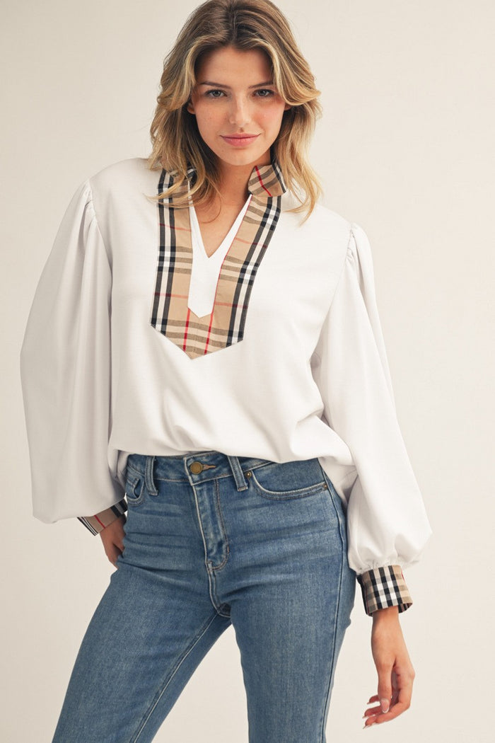 Off white plaid trim top