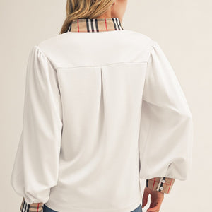 Off white plaid trim top