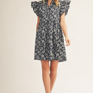 Navy Embroidered Scallop Edge Detail Floral Dress