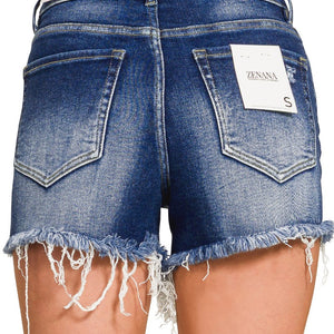 Dark Washed Raw Frayed Hem Denim Shorts