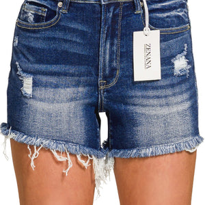 Dark Washed Raw Frayed Hem Denim Shorts