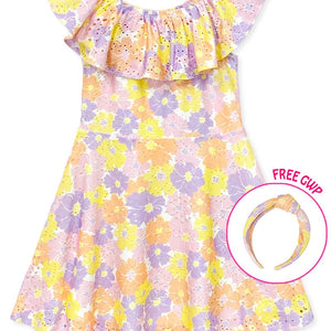 Girl's Eyelet Floral Dress 7-14, with headband