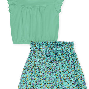 Tween Girl's 2 Pc Floral Short Set W/ Bow Tie Front 7-14