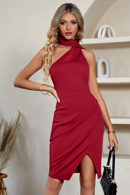 Wine One Shoulder Sleeveless Solid Cross Ruched Dress