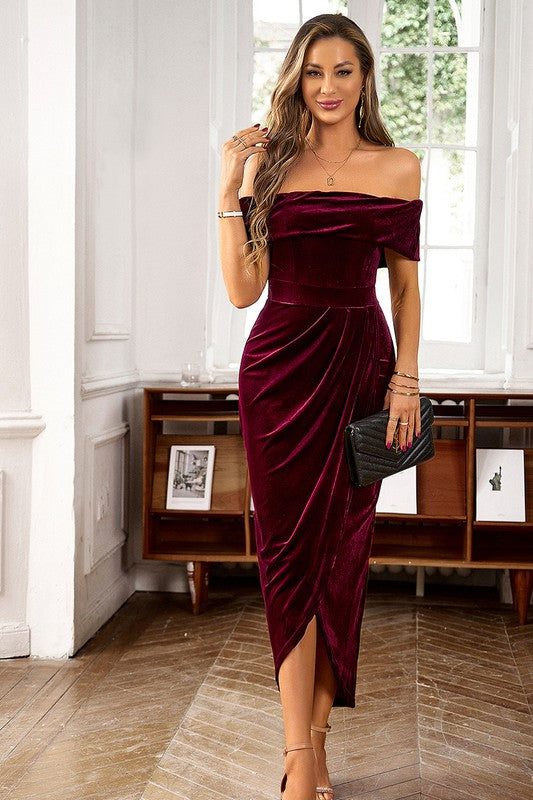 Wine Off Shoulder Ruched Fit Solid Velvet Dress