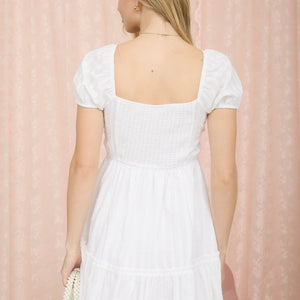 White Stripe Clip Dot Front Tie Puff Sleeve Mini Dress