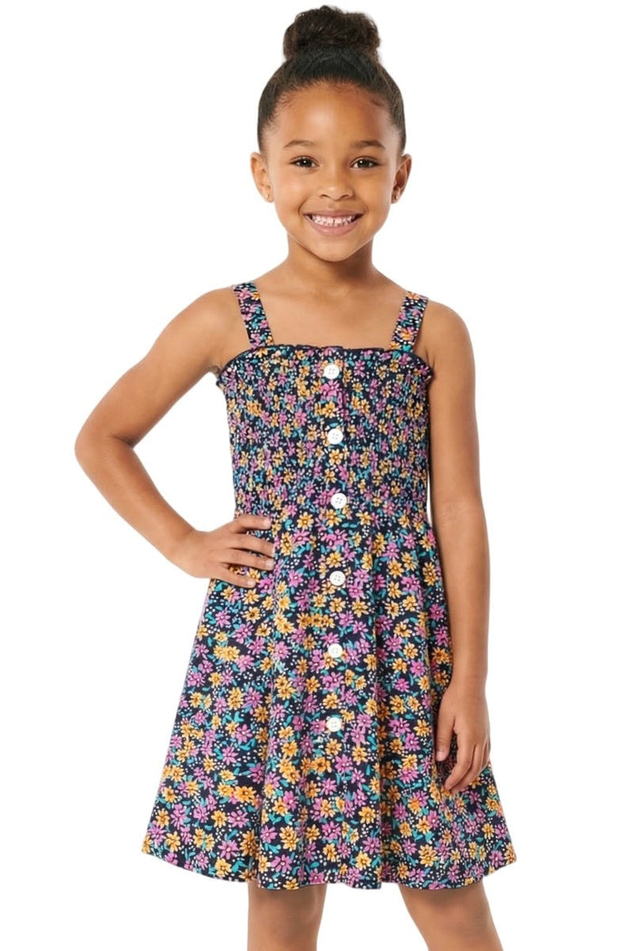 Tween Girl's Floral Dress W/ Smocking & Button Detail 7-14