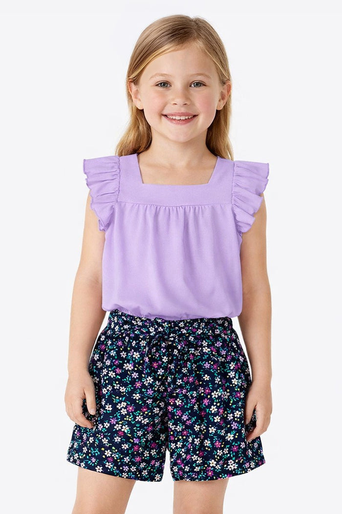 Girl's 2 pc Floral Short Set W/ Bow Tie Front & Ruffle Top