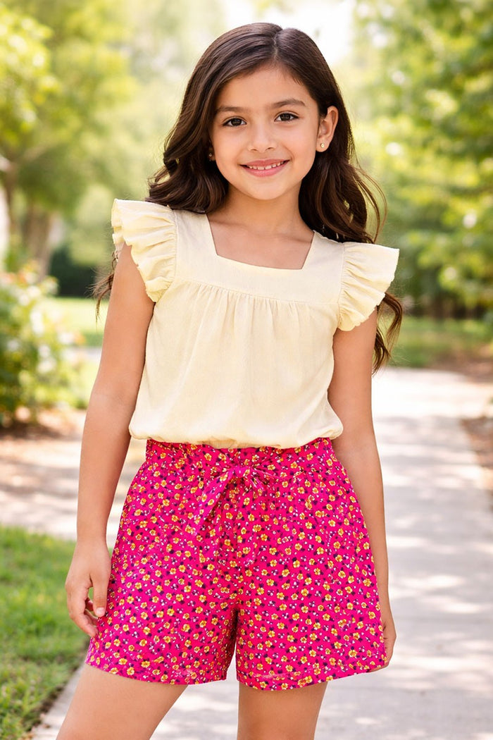 Tween Girl's 2 Pc Floral Short Set W/ Bow Tie Front 7-14