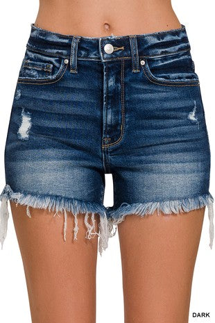 Dark Raw Frayed Hem Ripped Denim Shorts