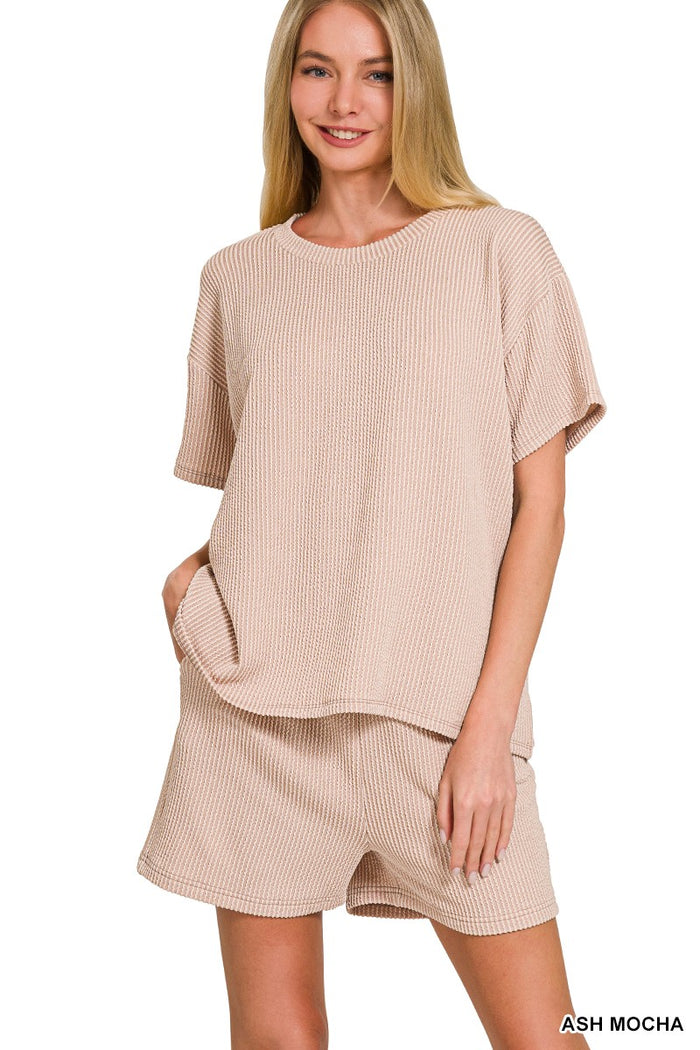 Ash Mocha Raised Rib Short Sleeve Tee & Short Pants Set