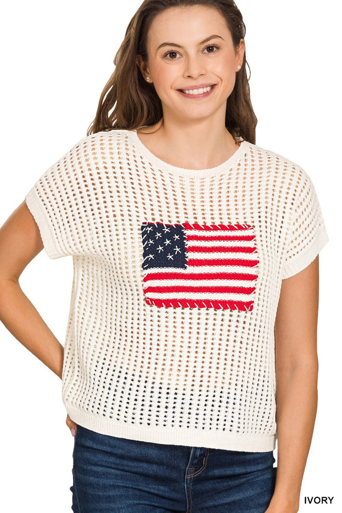 Ivory Viscose American Flag Cap Slv Open Stitch Sweater