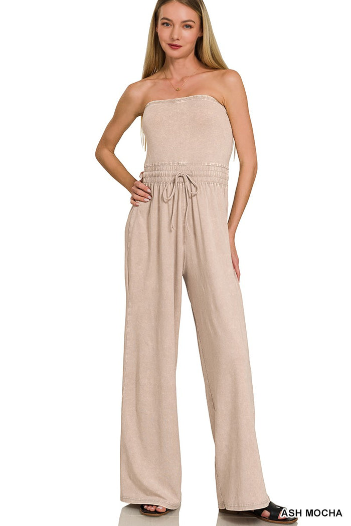 Acid Washed Strapless Tube Top Jumpsuit