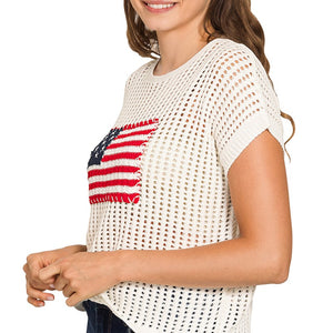 Ivory Viscose American Flag Cap Slv Open Stitch Sweater
