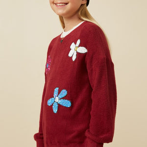 Tween burgundy sequin flower knit top