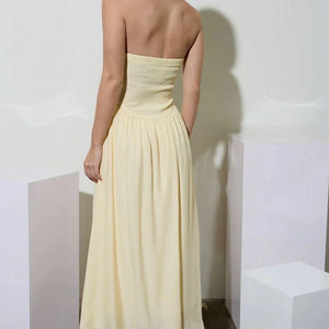 YELLOW LACE TRIM STRAPLESS GATHERED DETAIL MIDI DRESS