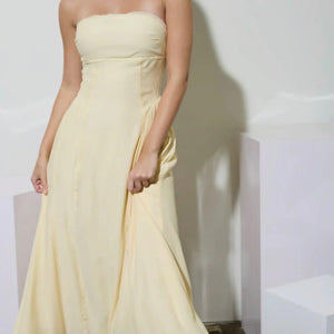 YELLOW LACE TRIM STRAPLESS GATHERED DETAIL MIDI DRESS