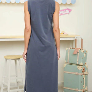 NAVY ROUND NECK SLEEVELESS SIDE SLIT MIDI SHIRT DRESS