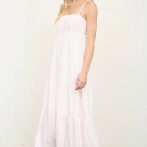 LIGHT PINK STRIPE SHIRRED EMPIRE WAIST TIERED MIDI DRESS