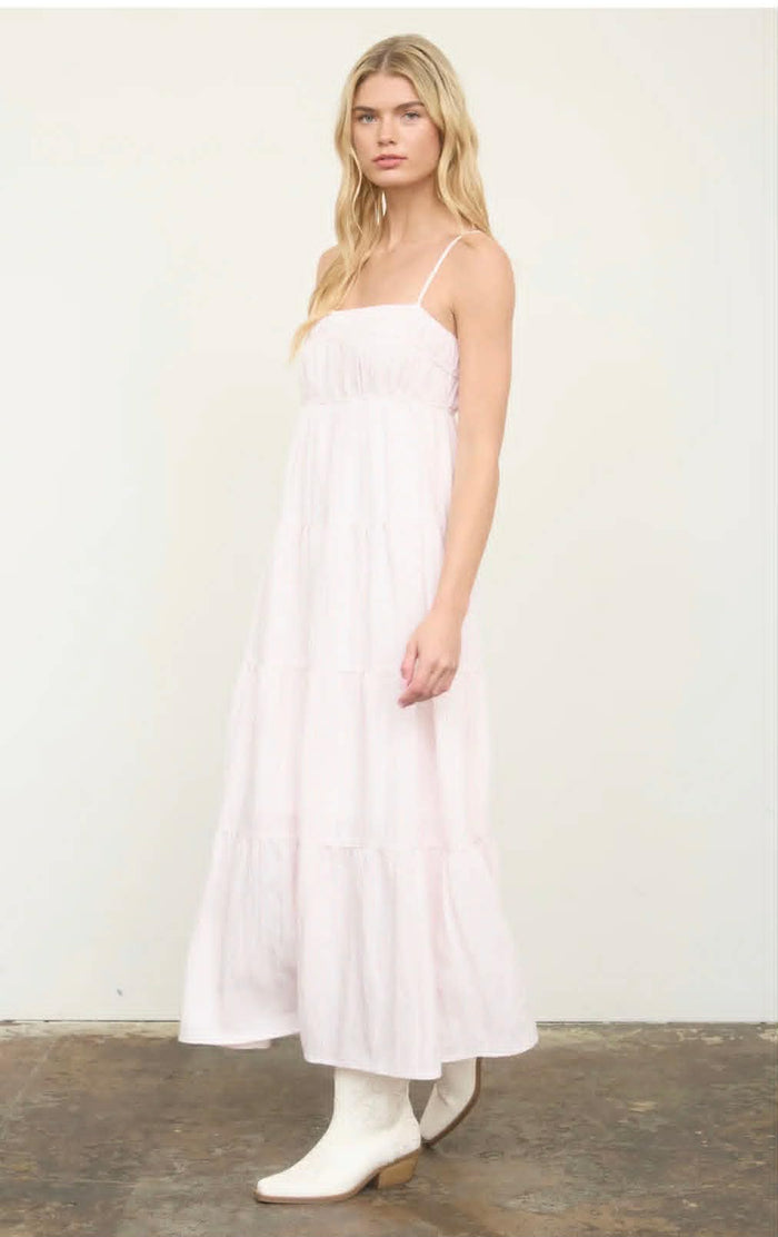 LIGHT PINK STRIPE SHIRRED EMPIRE WAIST TIERED MIDI DRESS – Sofi Stella Women's & Children's Boutique
