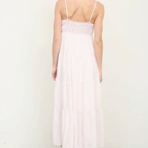 LIGHT PINK STRIPE SHIRRED EMPIRE WAIST TIERED MIDI DRESS