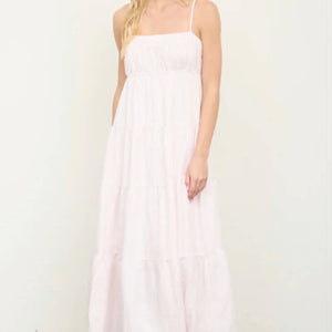 LIGHT PINK STRIPE SHIRRED EMPIRE WAIST TIERED MIDI DRESS
