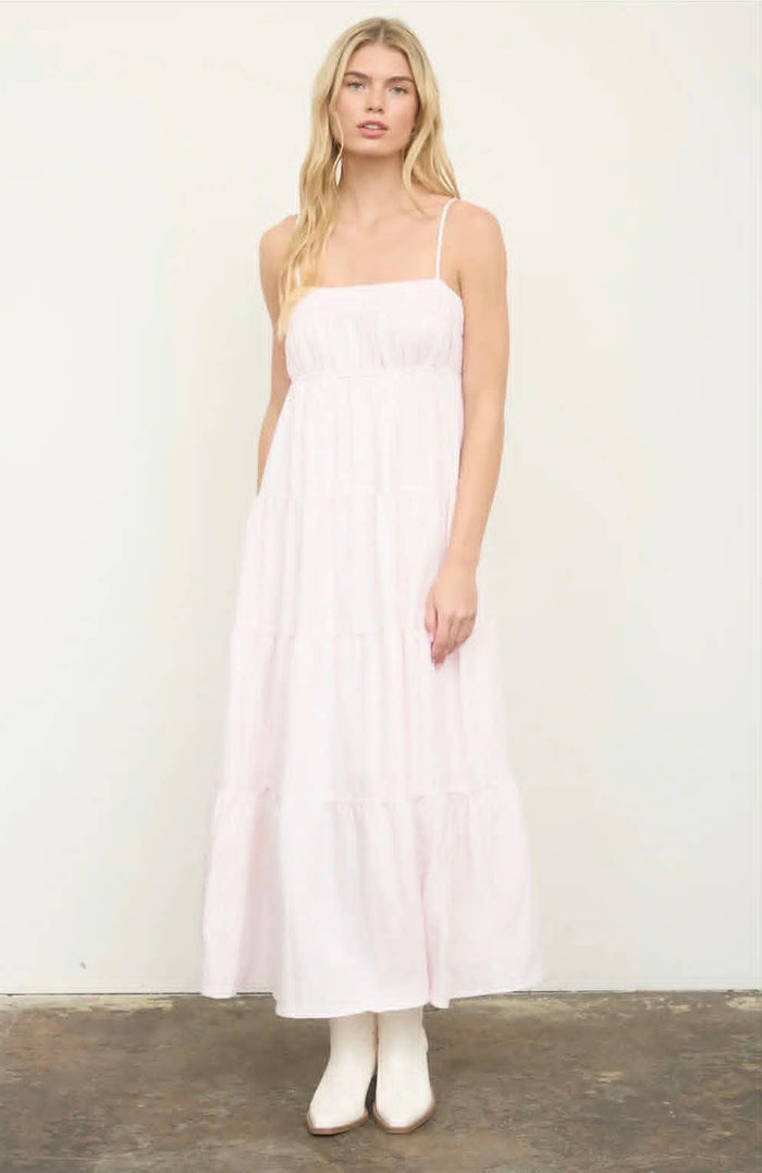 LIGHT PINK STRIPE SHIRRED EMPIRE WAIST TIERED MIDI DRESS
