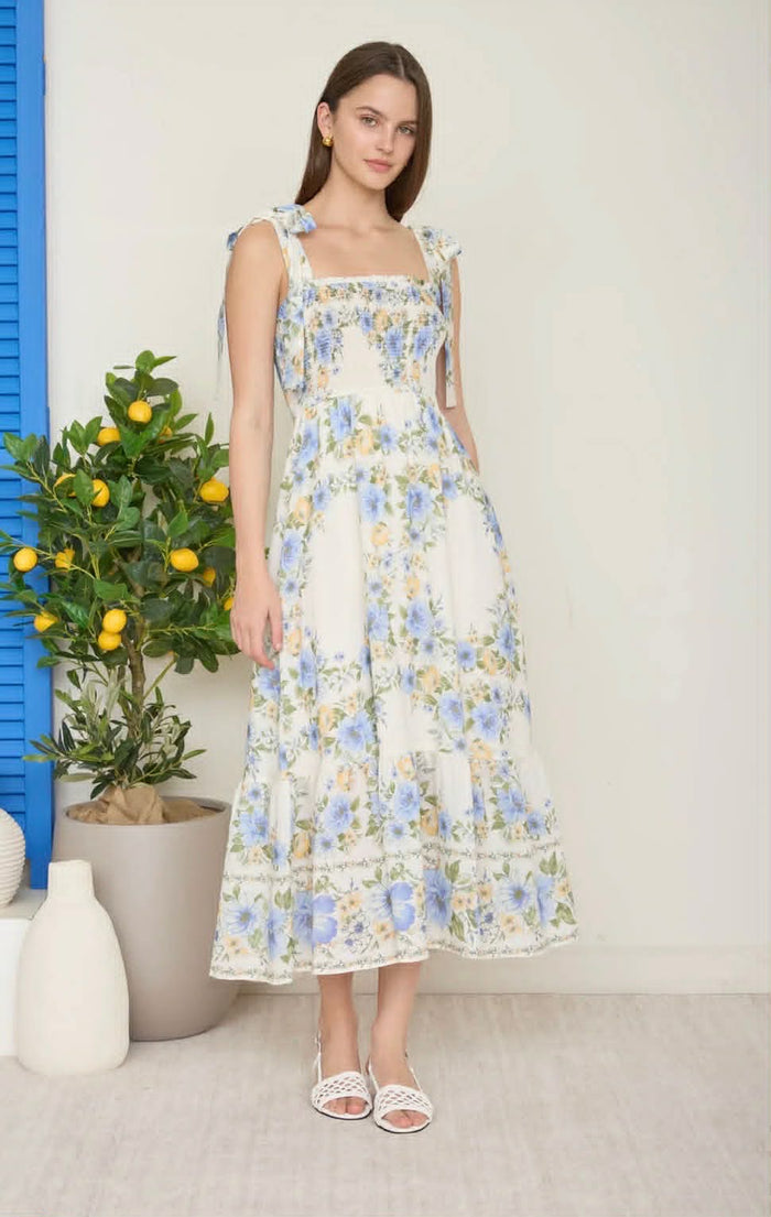 BLUE FLORAL TIE STRAP SMOCKED BORDER PRINT MIDI DRESS