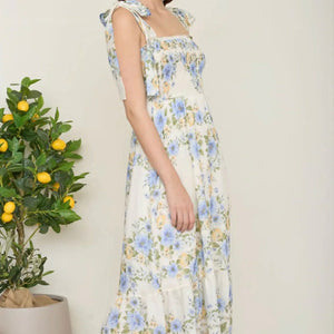 BLUE FLORAL TIE STRAP SMOCKED BORDER PRINT MIDI DRESS