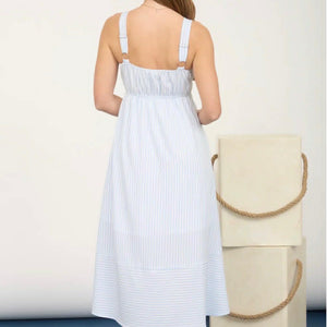 BLUE STRIPE SWEETHEART BUTTON DOWN SLEEVELESS MIDI DRESS