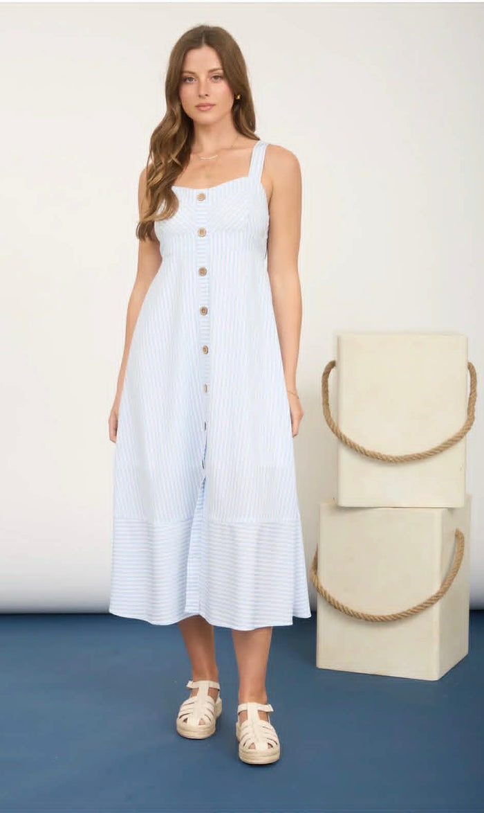 BLUE STRIPE SWEETHEART BUTTON DOWN SLEEVELESS MIDI DRESS