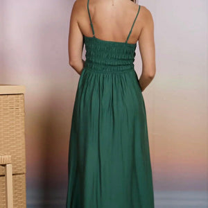 GREEN SHIRRED BODICE SPAGHETTI STRAP MIDI DRESS