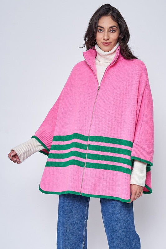 Pink Sporty Bordered Zip Up Knit Kimono, one size