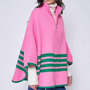 Pink Sporty Bordered Zip Up Knit Kimono, one size