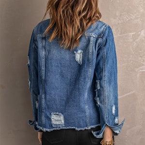 Lapel Distressed Raw Hem Buttons Denim Jacket