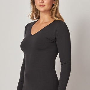 Fleece Lined Seamless V Neck Top, 2 colors Blk or Wht