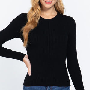 LONG SLEEVE CREW NECK FITTED VISCOSE RIB SWEATER TOP, 2 colors