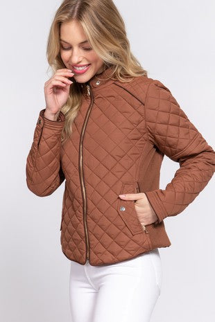 SUEDE PIPING RIB QUILTED PADDING JACKET