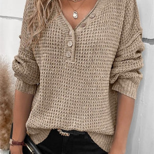 Khaki Knit Button V Neck Drop Shoulder Sweater